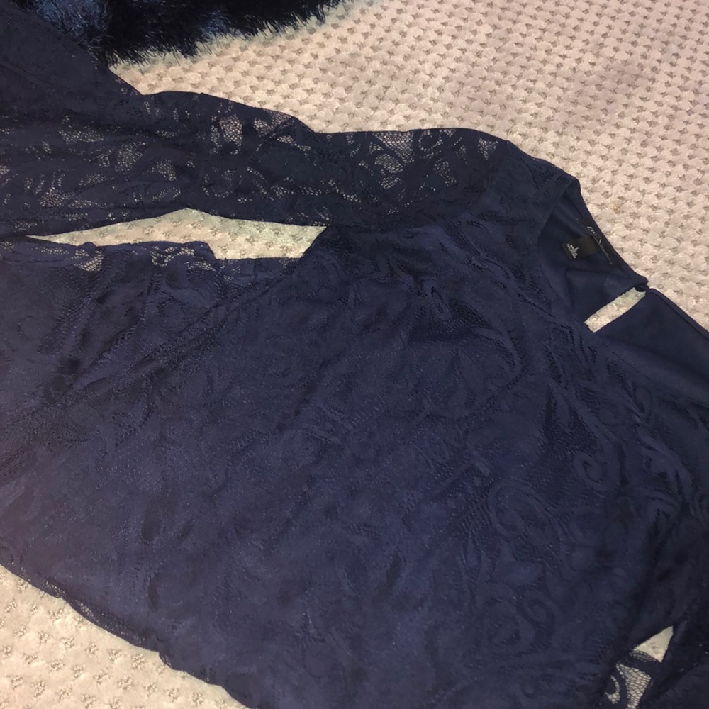 navy lace dress. bell sleeved